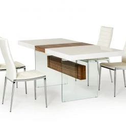 VIG Dining Room Modrest Sven Contemporary White & Walnut Floating Extendable Dining Table By Hollywood Glam