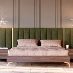 VIG Bedroom Nova Domus Calabria Modern Walnut & Green Velvet Bed & Nightstands
