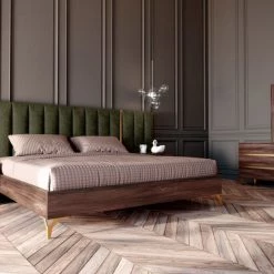VIG Bedroom Nova Domus Calabria Modern Walnut & Green Velvet Bed & Nightstands